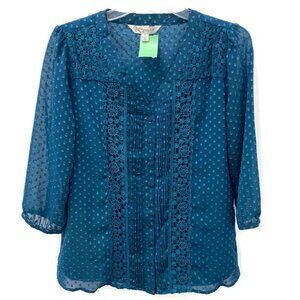 Krazy Kat Teal Polka Dot w/Lace Button Blouse